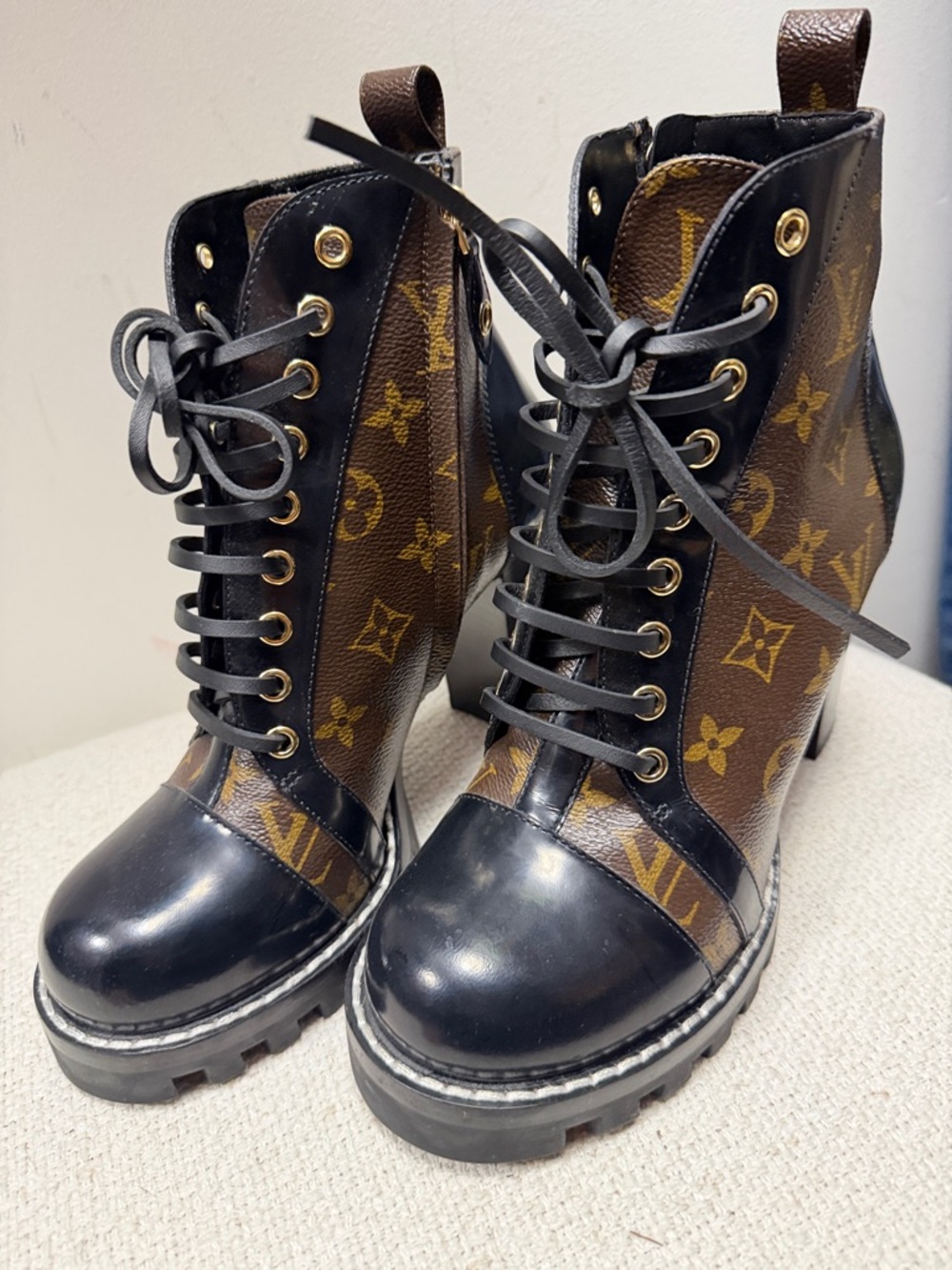 Louis Vuitton Brown Monogram and Black Leather Lace-Up Combat Boots